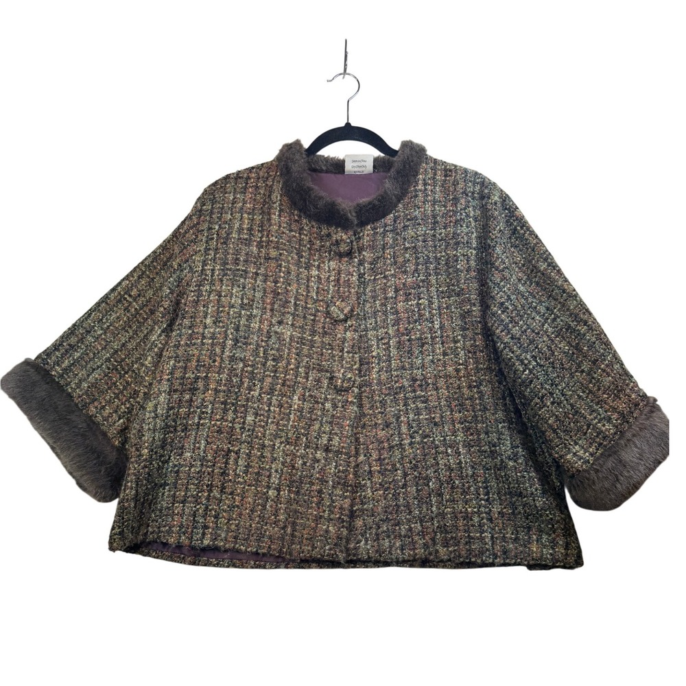 Isabelle's Journey Tweed Cape Jacket Faux Fur Collar Cuffs‎ Brown Green Boxy VTG